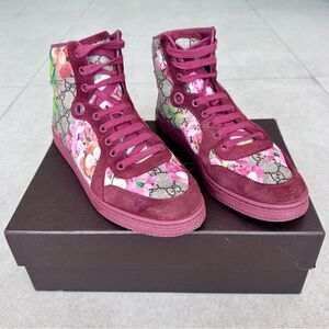 Gucci Coda Bloom GG Monogram High Tops Sneakers Red Suede Floral EU 38.5 US 8.5